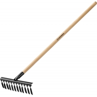 GRINDA GS-12 WOOD, 385 х 95 х 1300 мм, 12 витых зубцов, углеродистая сталь, антикор. покрытие, черенок дерев. высш. сорт, садовые грабли(39581-12)