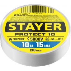 STAYER PROTECT-10, 15 мм х 10 м, 5 000 В, белая, изолента ПВХ, Professional (12292-W)